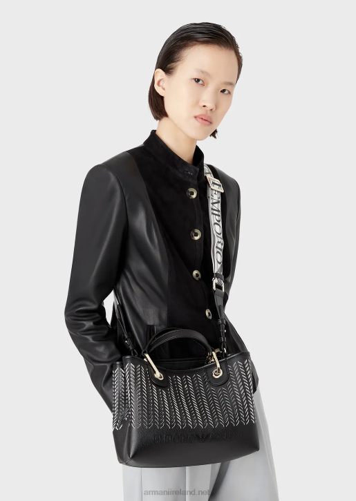 Women 086V708 Small Myea Shopper Bag With Perforated Chevron Motif Armani Black