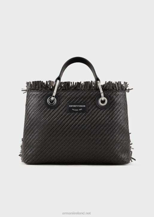 Women 086V709 Small Myea Bag Woven Straw Shopper Bag Armani Black