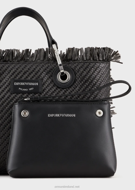 Women 086V709 Small Myea Bag Woven Straw Shopper Bag Armani Black