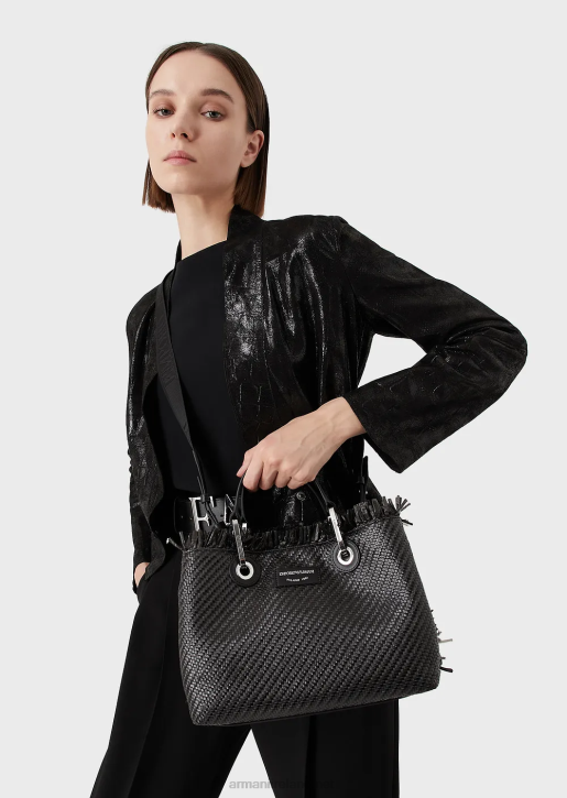 Women 086V709 Small Myea Bag Woven Straw Shopper Bag Armani Black