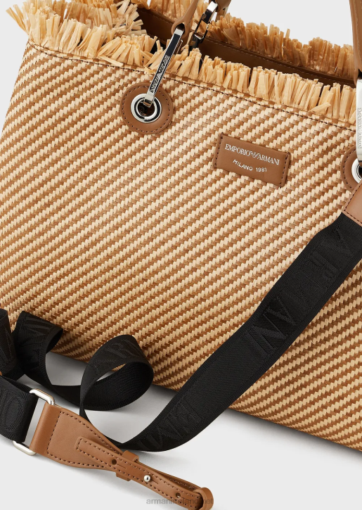 Women 086V712 Myea Bag Woven Straw Shopper Bag Armani Buff