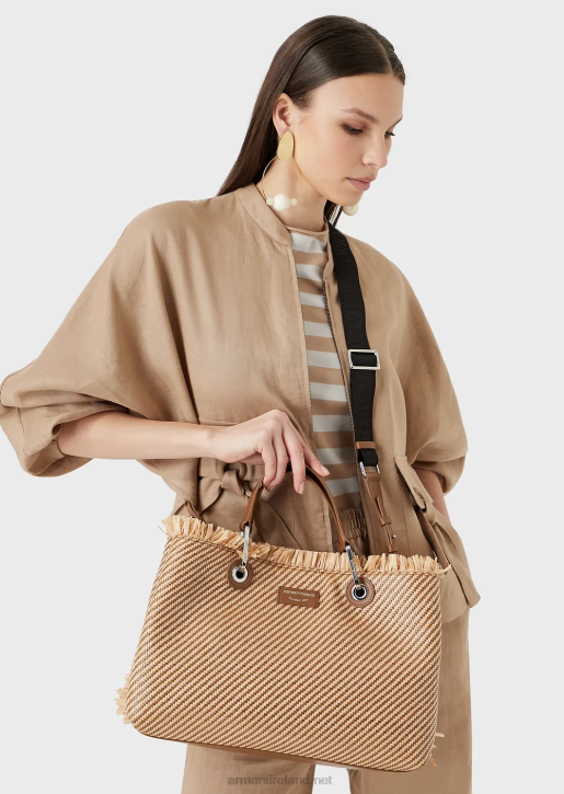 Women 086V712 Myea Bag Woven Straw Shopper Bag Armani Buff