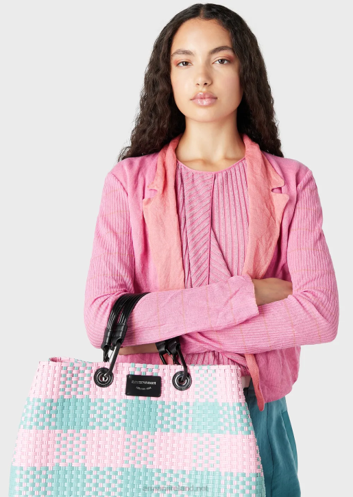Women 086V713 Medium Myea Braided Shopper Bag With Check Motif Armani Pattern