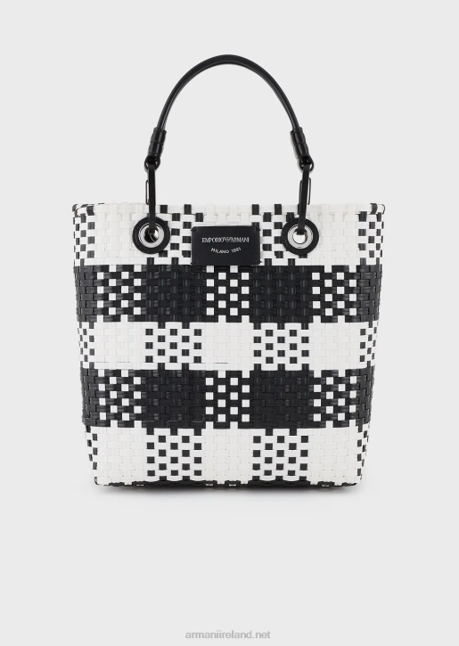 Women 086V722 Myea Vertical Woven Shopper Bag With Check Pattern Armani Bianco E Nero