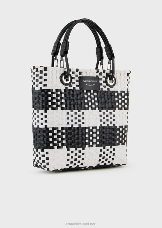 Women 086V722 Myea Vertical Woven Shopper Bag With Check Pattern Armani Bianco E Nero