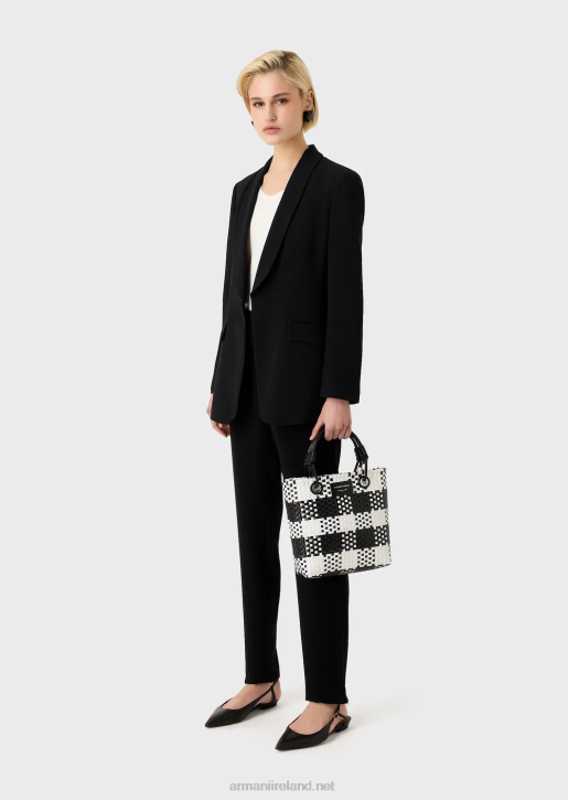 Women 086V722 Myea Vertical Woven Shopper Bag With Check Pattern Armani Bianco E Nero