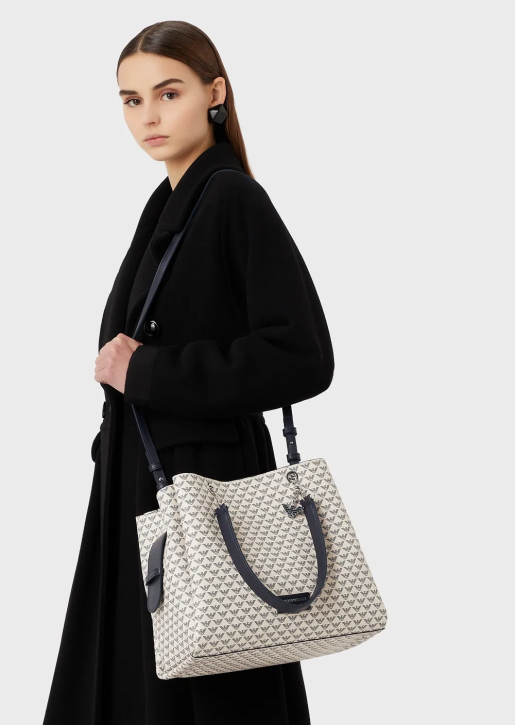 Women 086V723 All-Over Eagle Shopper Bag With Eagle Charm Armani Blue Logo