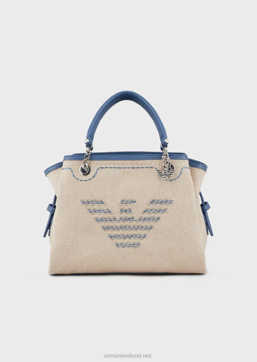 Women 086V732 Linen Handbag With Oversized Embroidery And Eagle Charm Armani Beige Logo