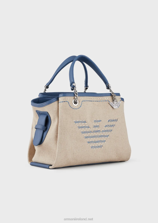 Women 086V732 Linen Handbag With Oversized Embroidery And Eagle Charm Armani Beige Logo