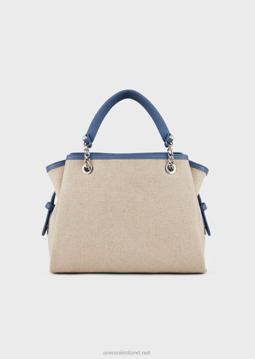 Women 086V732 Linen Handbag With Oversized Embroidery And Eagle Charm Armani Beige Logo