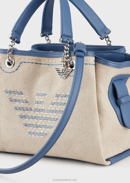 Women 086V732 Linen Handbag With Oversized Embroidery And Eagle Charm Armani Beige Logo