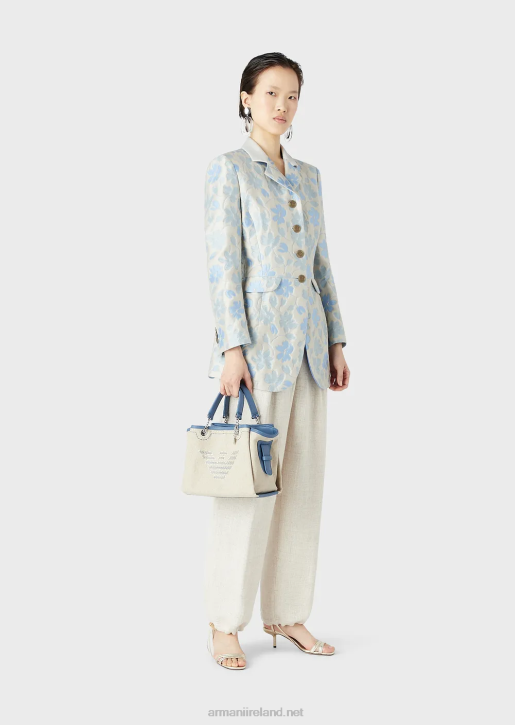 Women 086V732 Linen Handbag With Oversized Embroidery And Eagle Charm Armani Beige Logo