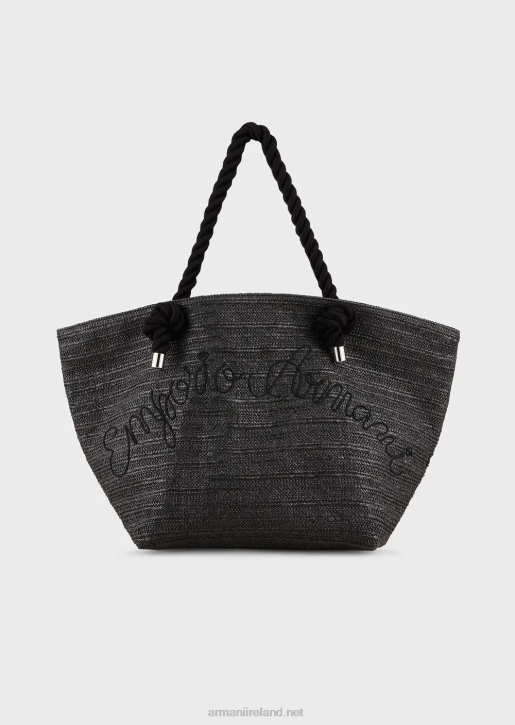 Women 086V736 Raffia Beach Shopper Bag With Logo Embroidery Armani