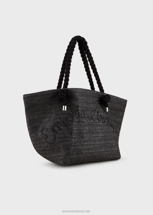 Women 086V736 Raffia Beach Shopper Bag With Logo Embroidery Armani