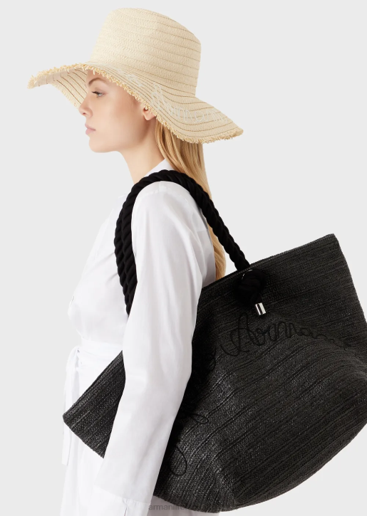 Women 086V736 Raffia Beach Shopper Bag With Logo Embroidery Armani