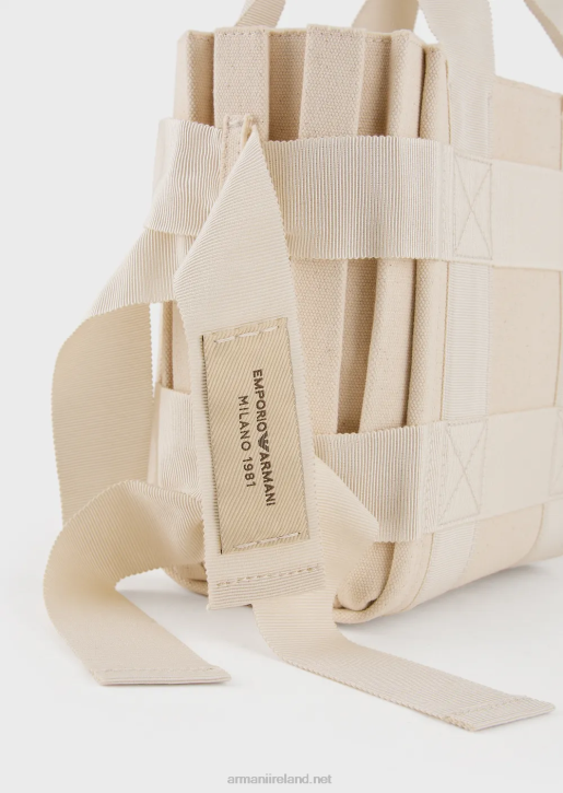 Women 086V738 Small Pleated Canvas Shopper Bag Armani Beige