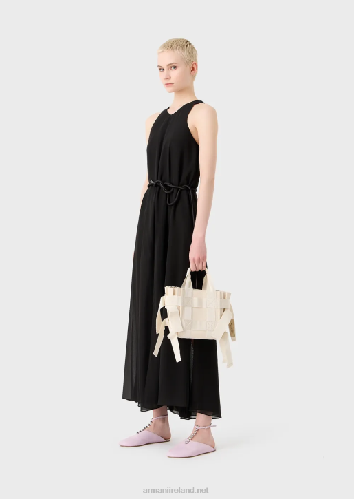 Women 086V738 Small Pleated Canvas Shopper Bag Armani Beige