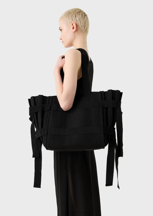 Women 086V739 Large Pleated Canvas Shopper Bag Armani Black