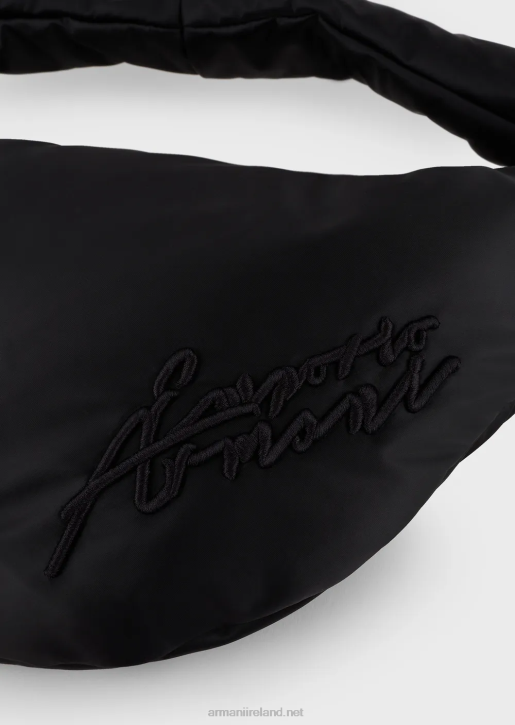 Women 086V745 Two-Toned Nylon Hobo Bag With Signature Embroidery Armani Black