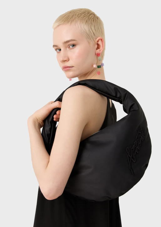 Women 086V745 Two-Toned Nylon Hobo Bag With Signature Embroidery Armani Black