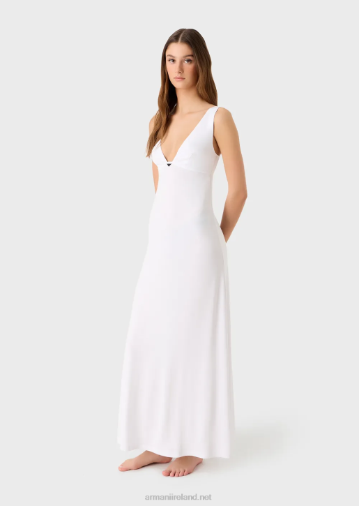 Women 086V21 Stretch-Viscose V-Neck Long Beach Dress Armani White