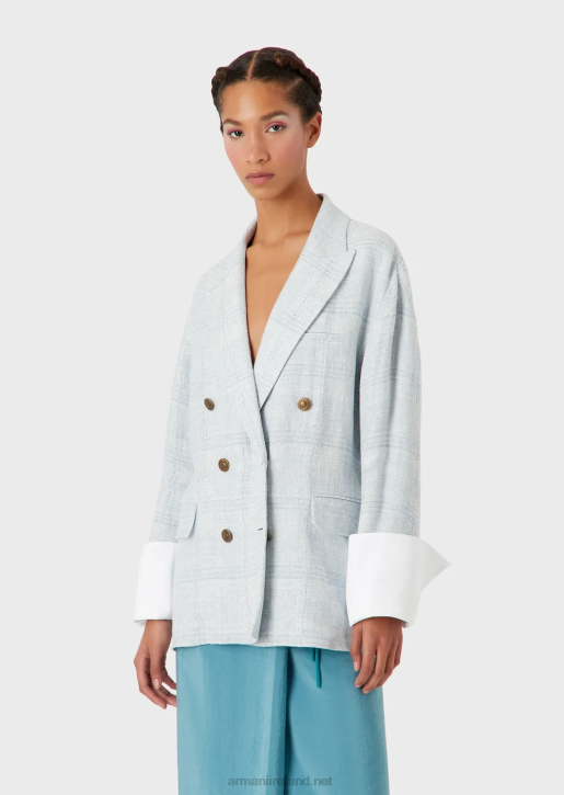 Women 086V2740 Oversized, Double-Breasted Blazer In A Prince Of Wales Check Linen And Hemp Blend Armani Azure