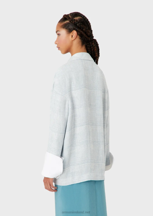 Women 086V2740 Oversized, Double-Breasted Blazer In A Prince Of Wales Check Linen And Hemp Blend Armani Azure