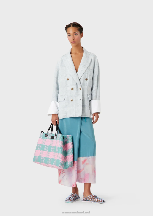 Women 086V2740 Oversized, Double-Breasted Blazer In A Prince Of Wales Check Linen And Hemp Blend Armani Azure