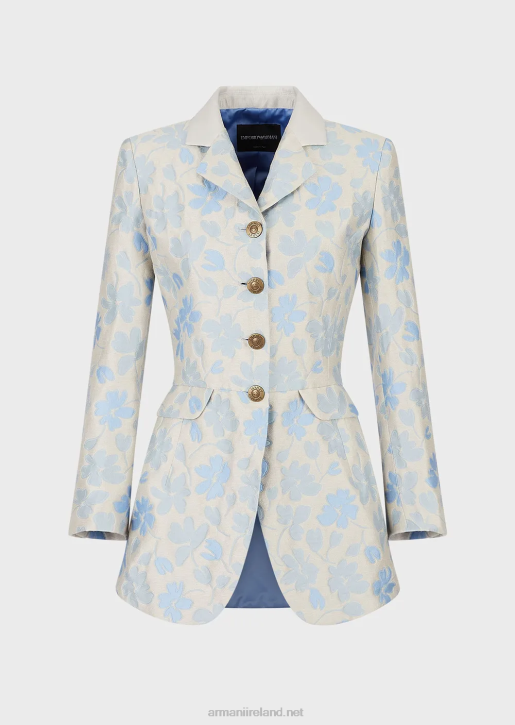 Women 086V2742 Long Flared Jacket With Lapels With An All-Over Floral Jacquard Linen Blend Armani