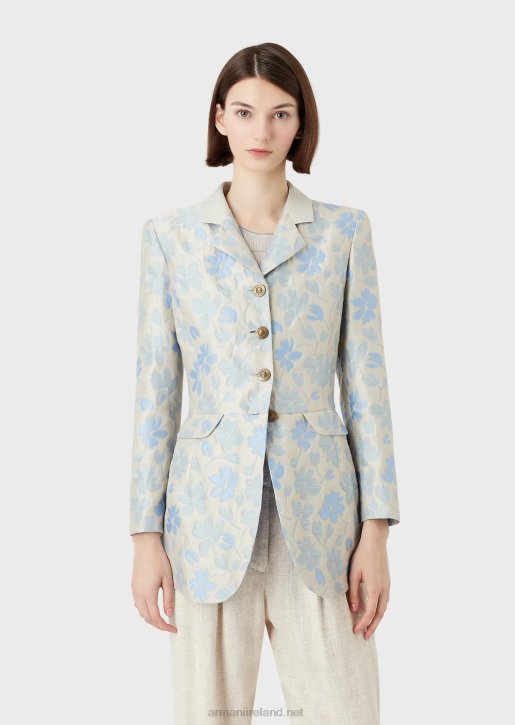 Women 086V2742 Long Flared Jacket With Lapels With An All-Over Floral Jacquard Linen Blend Armani