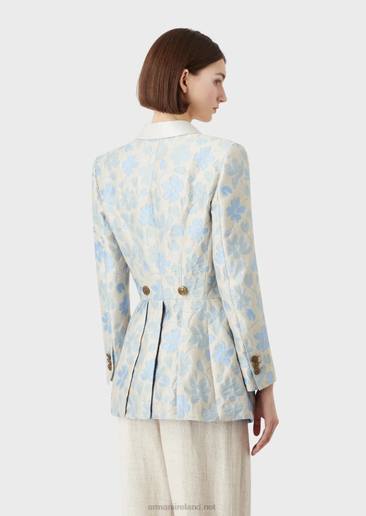 Women 086V2742 Long Flared Jacket With Lapels With An All-Over Floral Jacquard Linen Blend Armani