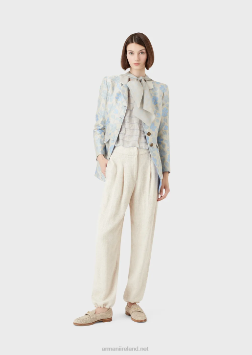 Women 086V2742 Long Flared Jacket With Lapels With An All-Over Floral Jacquard Linen Blend Armani