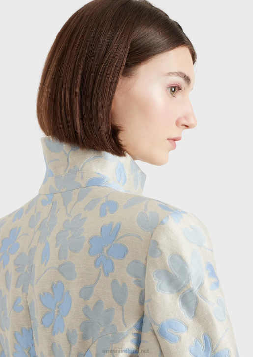 Women 086V2742 Long Flared Jacket With Lapels With An All-Over Floral Jacquard Linen Blend Armani