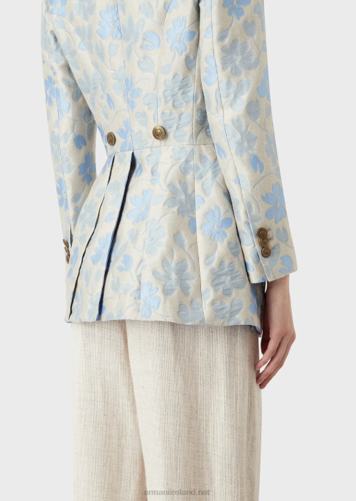 Women 086V2742 Long Flared Jacket With Lapels With An All-Over Floral Jacquard Linen Blend Armani