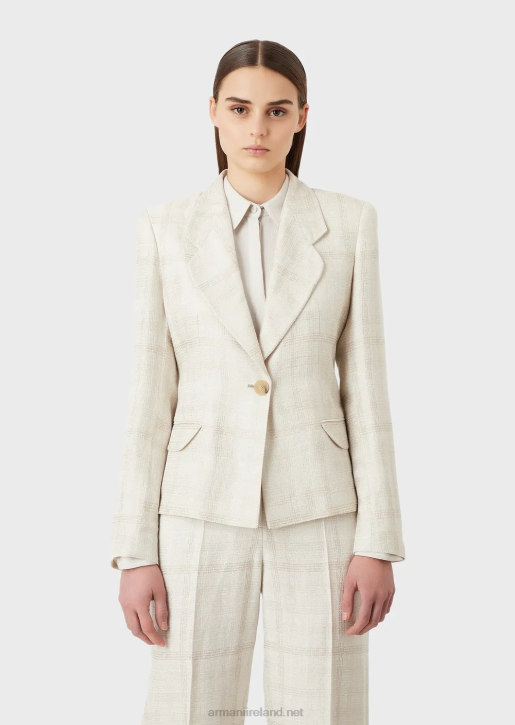Women 086V29 Lapel Jacket In Prince Of Wales Check Linen Blend Armani Plaid