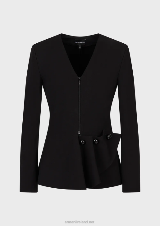 Women 086V37 Zip-Up Jacket With Ruffle Detail In Milano-Stitch Fabric Armani Black