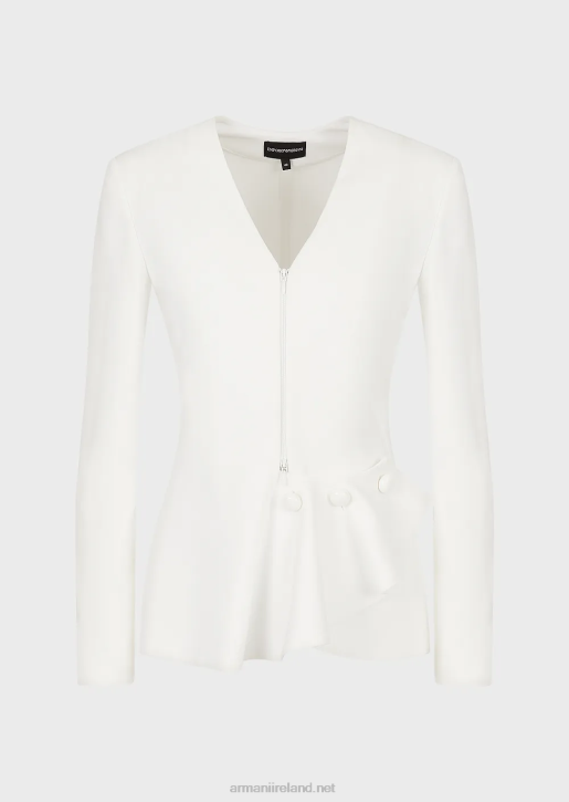Women 086V38 Zip-Up Jacket With Ruffle Detail In Milano-Stitch Fabric Armani White