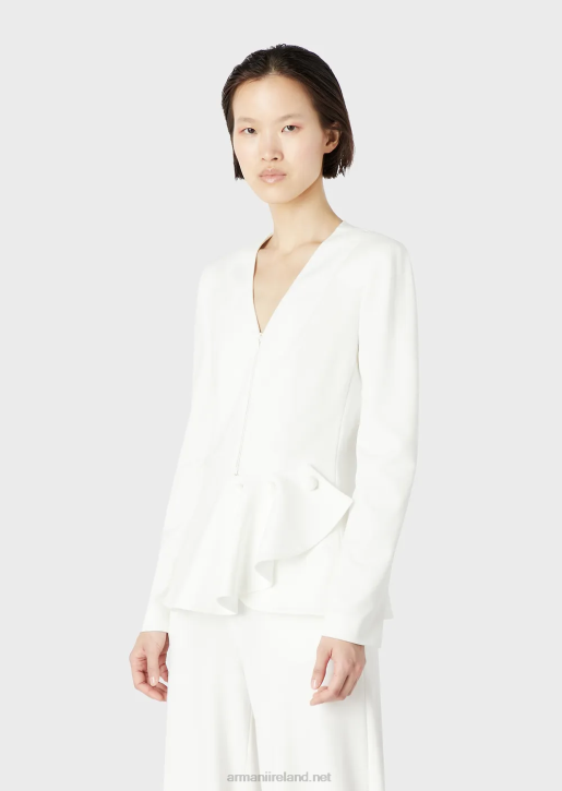 Women 086V38 Zip-Up Jacket With Ruffle Detail In Milano-Stitch Fabric Armani White