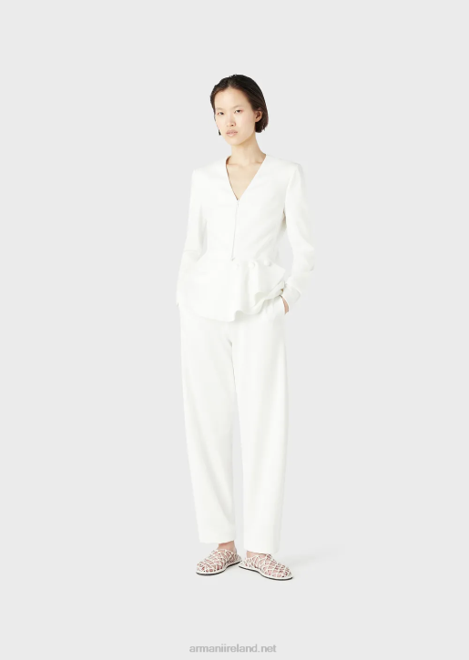 Women 086V38 Zip-Up Jacket With Ruffle Detail In Milano-Stitch Fabric Armani White