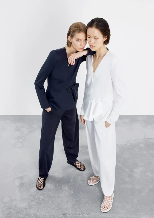 Women 086V38 Zip-Up Jacket With Ruffle Detail In Milano-Stitch Fabric Armani White