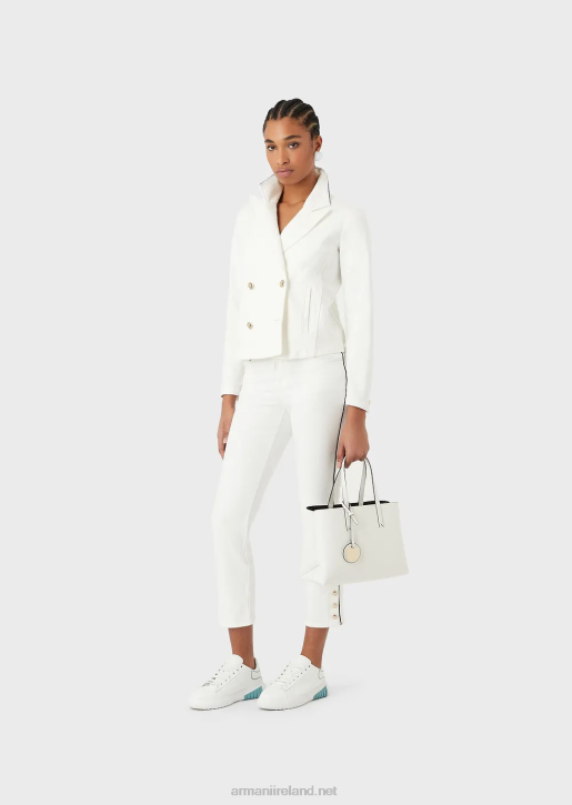 Women 086V44 Double-Breasted Jacket In Bull Fabric With Piping Armani White