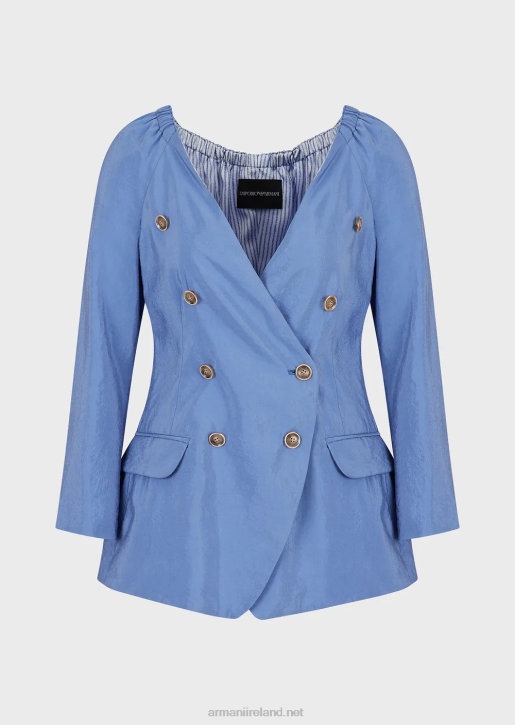 Women 086V45 Double-Breasted Jacket With No Lapels In Washed Technical Silk Armani Blue