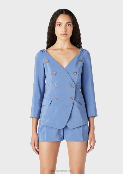 Women 086V45 Double-Breasted Jacket With No Lapels In Washed Technical Silk Armani Blue