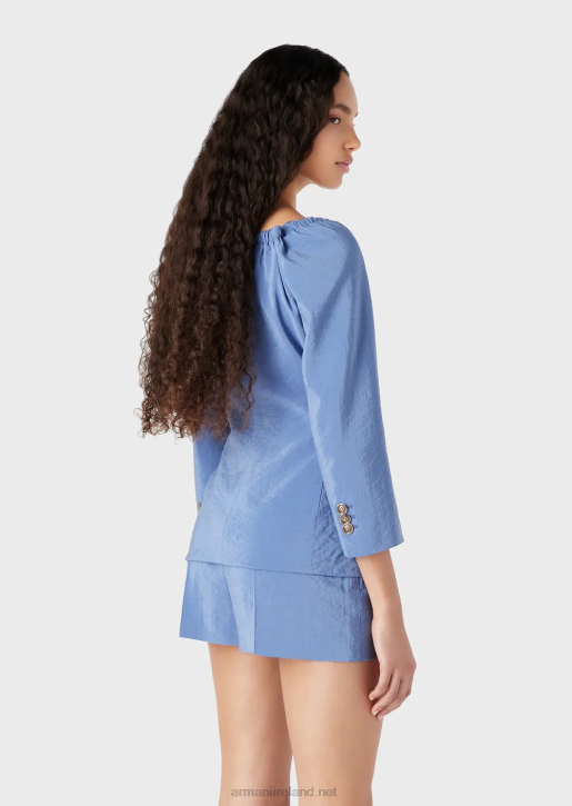 Women 086V45 Double-Breasted Jacket With No Lapels In Washed Technical Silk Armani Blue