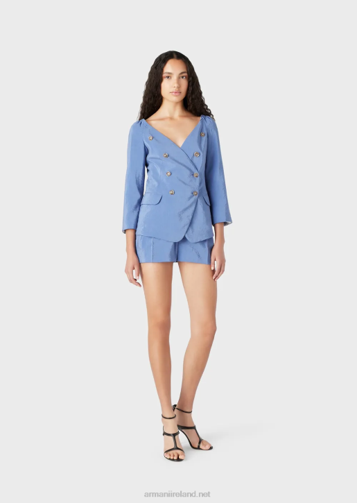 Women 086V45 Double-Breasted Jacket With No Lapels In Washed Technical Silk Armani Blue