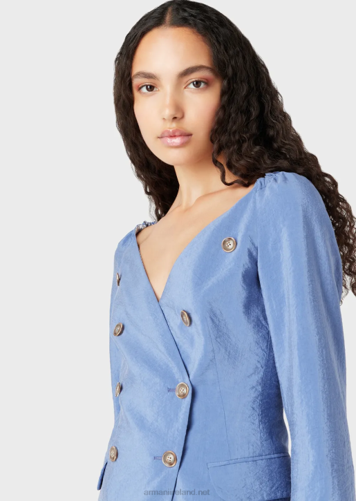 Women 086V45 Double-Breasted Jacket With No Lapels In Washed Technical Silk Armani Blue