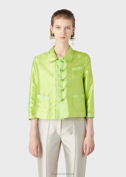 Women 086V48 Silk-Blend Shantung Bolero With 3/4 Sleeves And Toggles Armani Lime Green