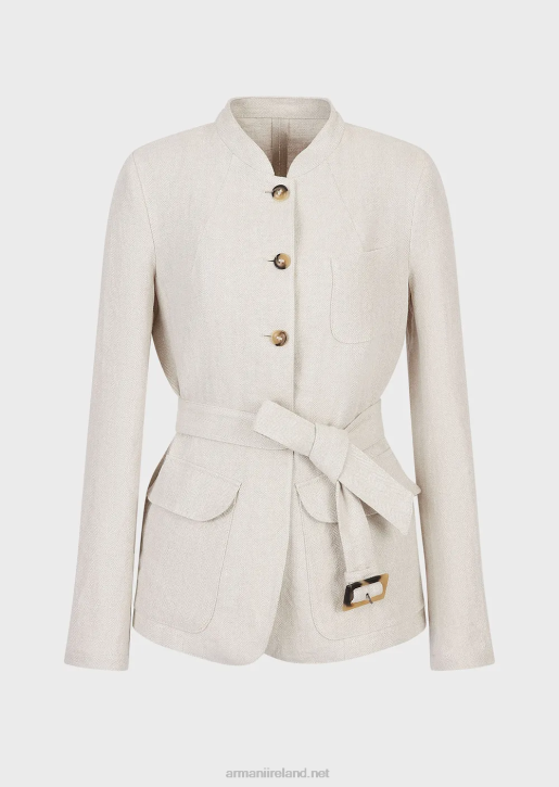 Women 086V51 Guru Collar Jacket With Belt In Micro Chevron Linen Armani Beige
