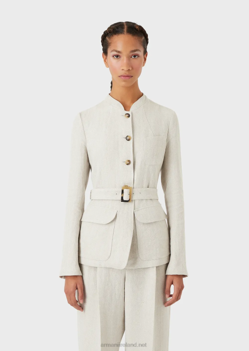 Women 086V51 Guru Collar Jacket With Belt In Micro Chevron Linen Armani Beige