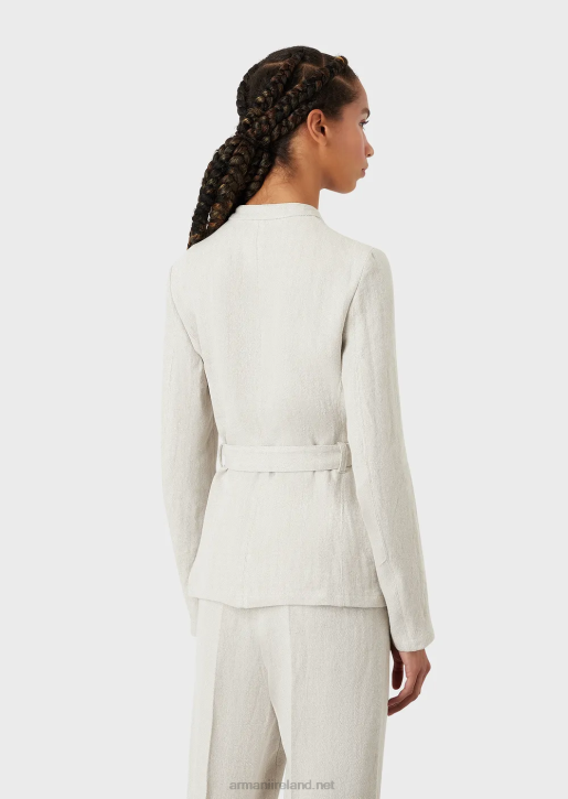 Women 086V51 Guru Collar Jacket With Belt In Micro Chevron Linen Armani Beige